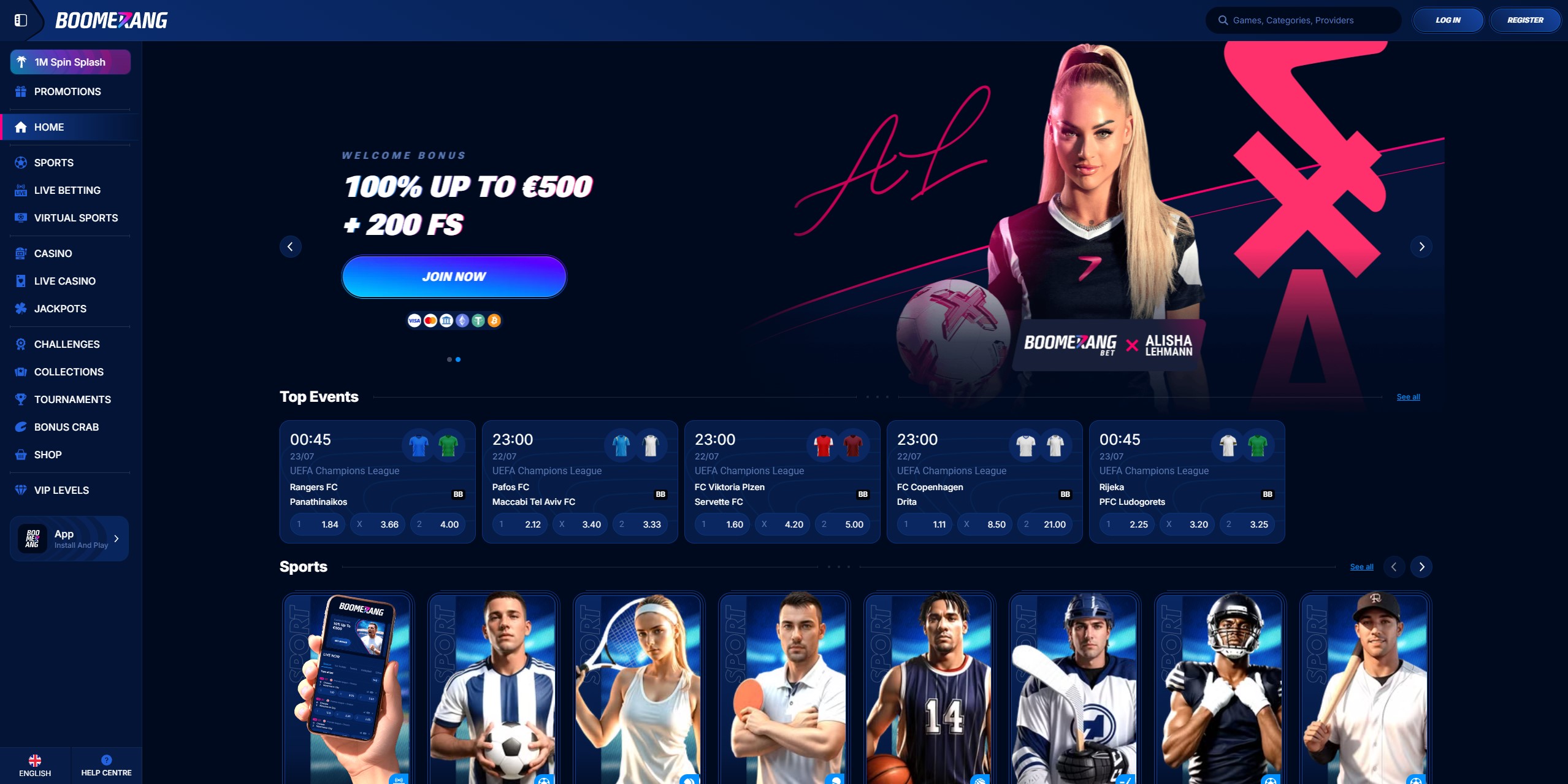 Boomerang Bet Login und Registrierungsmaske